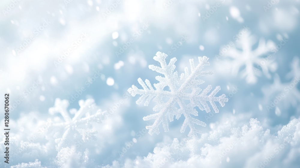 Close-up of delicate snowflakes gently resting on soft snow, creating a serene winter atmosphere. Close-up of delicate snowflakes gently resting on soft snow, creating a serene winter atmosphere.