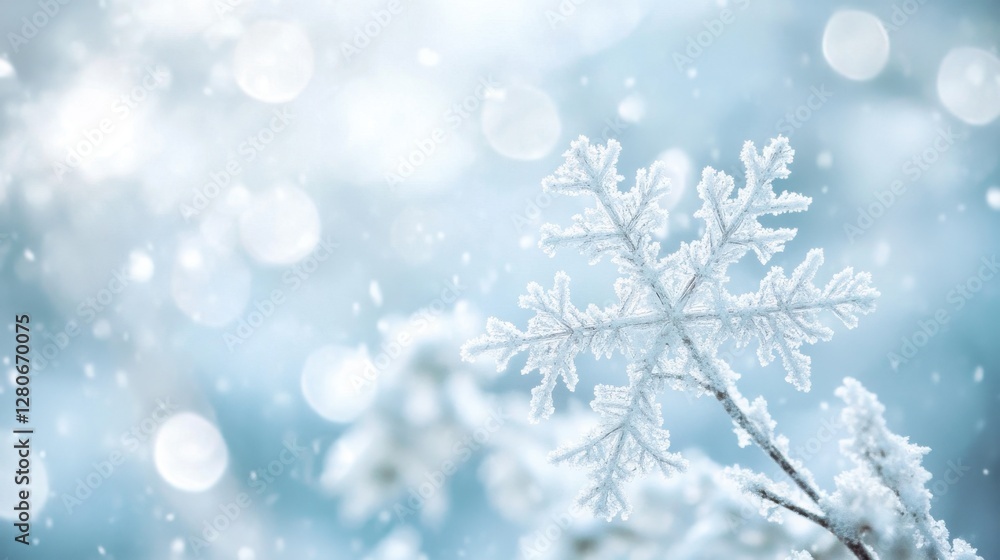 A close-up of a delicate snowflake resting on a frosted branch, surrounded by a dreamy, snowy background. A close-up of a delicate snowflake resting on a frosted branch, surrounded by a dreamy, snowy background.