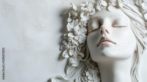 Wallpaper Mural A close-up of a white bas-relief sculpture depicting a serene woman's face with graceful, flowing hair adorned with blooming flowers, captured with dramatic lighting. Torontodigital.ca