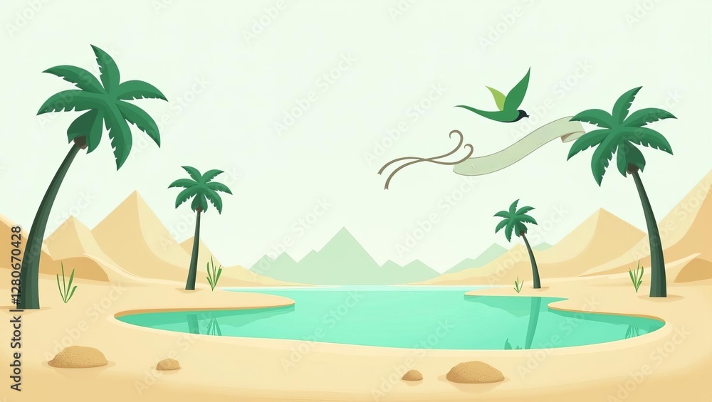 Desert Oasis Landscape with Palm Trees and Mountain Silhouette for Ramadan Background - Middle Eastern Natural Scene Illustration with Traditional Elements Desert Oasis Landscape with Palm Trees and Mountain Silhouette for Ramadan Background - Middle Eastern Natural Scene Illustration with Traditional Elements