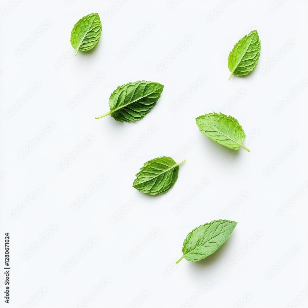 Fresh mint leaves scattered on white background. Possible use Cooking, health Fresh mint leaves scattered on white background. Possible use Cooking, health