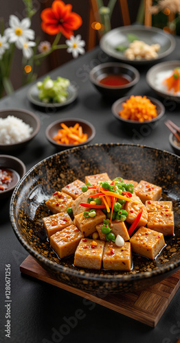 Artfully arranged stinky tofu with colorful garnishes, inviting ambiance photo