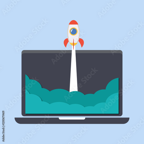 Illustration of a computer launching a rocket. The concept of making money from the Internet