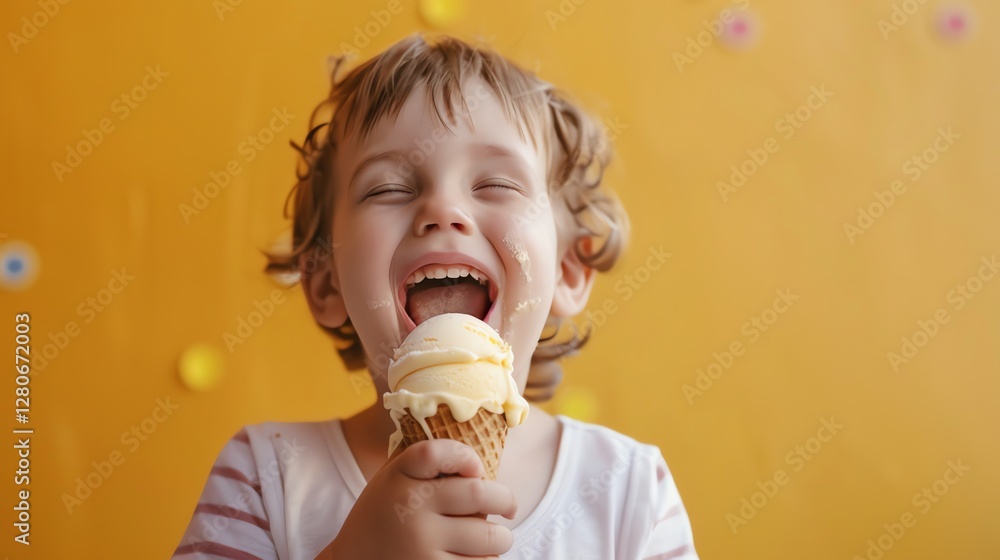 A young boy with curly hair laughs with delight while eating an ice cream cone. A young boy with curly hair laughs with delight while eating an ice cream cone.