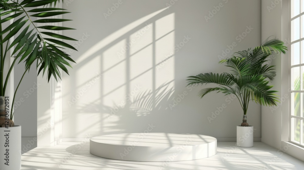Minimal white room, cylinder podium, subtle palm leaf shadows, abstract product display setup Minimal white room, cylinder podium, subtle palm leaf shadows, abstract product display setup