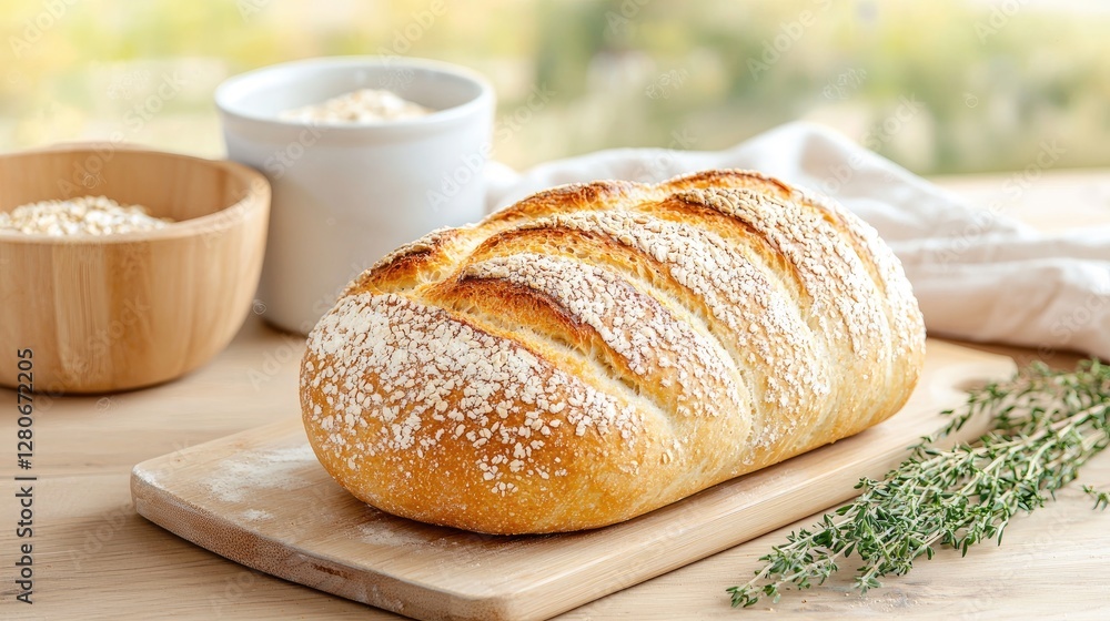 Artisan bread loaf, kitchen setting, oats, thyme. Food photography for recipe blogs Artisan bread loaf, kitchen setting, oats, thyme. Food photography for recipe blogs
