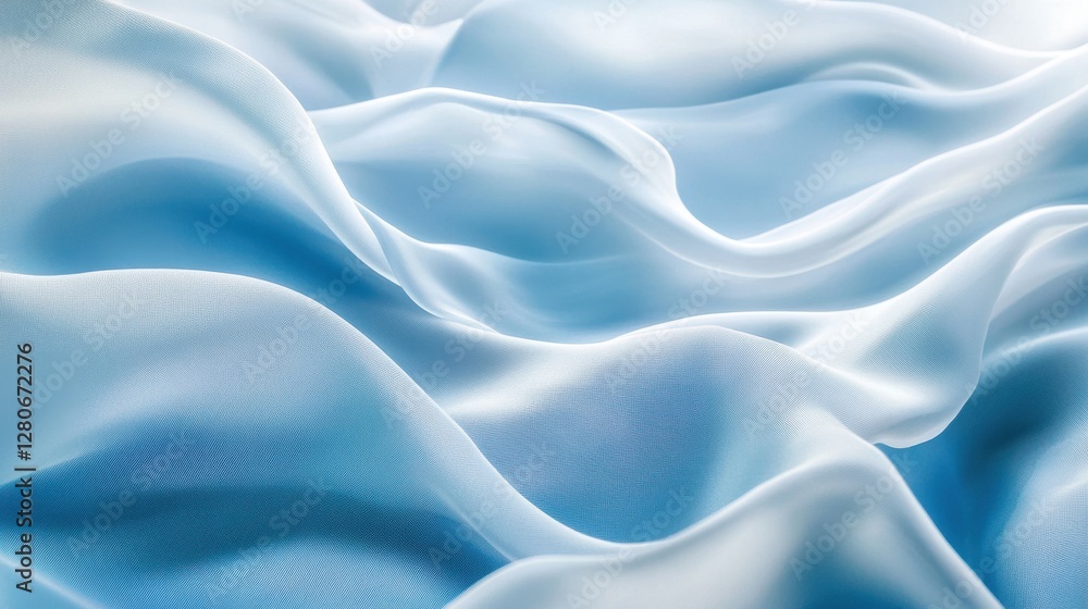 Soft blue silk fabric drapes elegantly, creating smooth waves and a serene atmosphere.