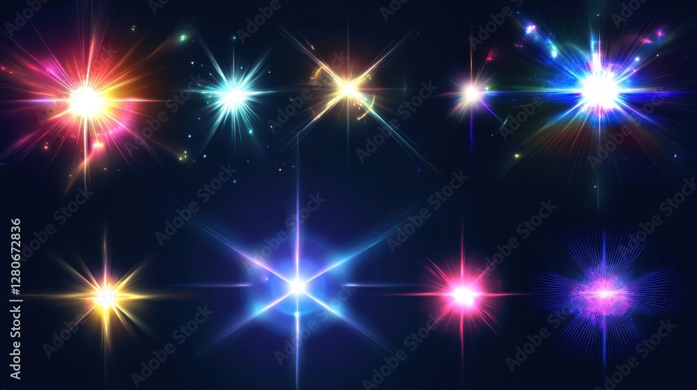 Fototapeta premium A vibrant array of colorful light flares against a dark background, creating a dazzling cosmic effect.
