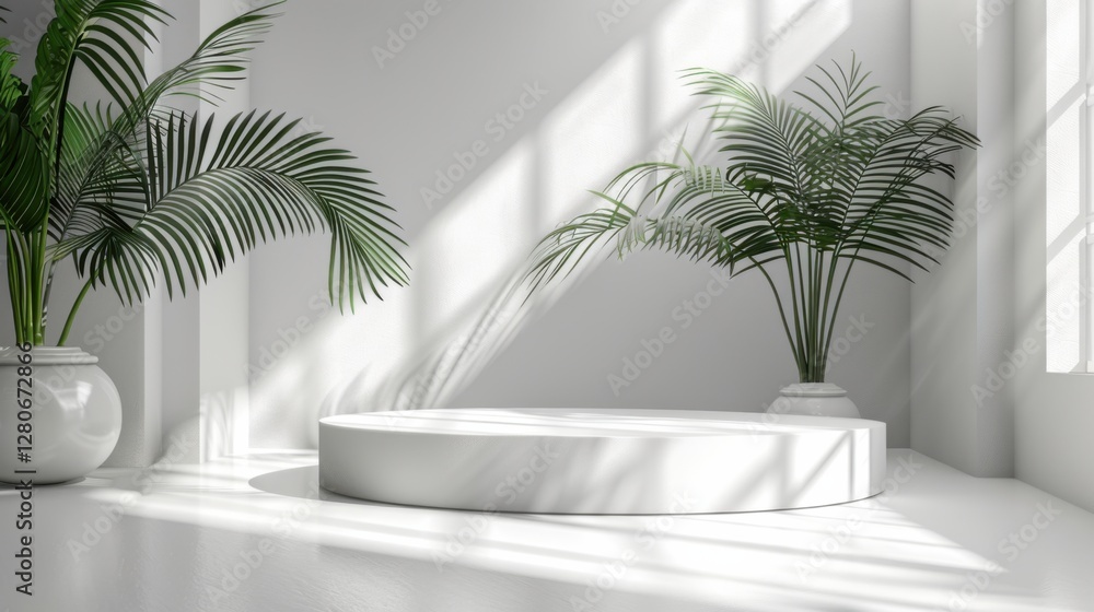 Minimal white room, cylinder podium, subtle palm leaf shadows, abstract product display setup Minimal white room, cylinder podium, subtle palm leaf shadows, abstract product display setup