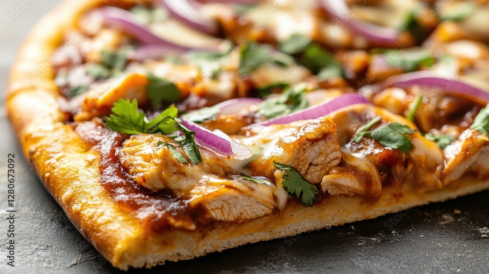 Delicious pizza topped with chicken, red onions, and fresh cilantro, showcasing a mouthwatering blend of flavors. Delicious pizza topped with chicken, red onions, and fresh cilantro, showcasing a mouthwatering blend of flavors.