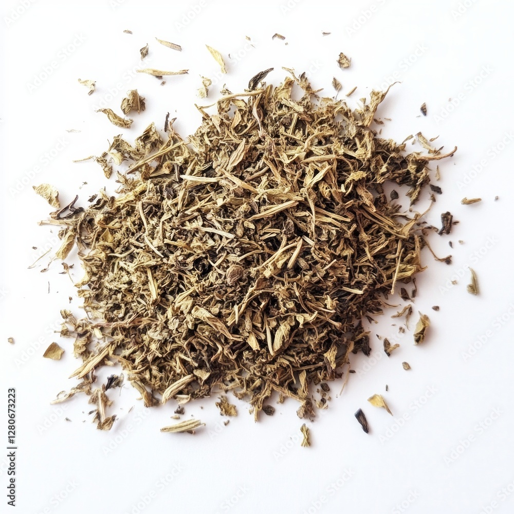 Dry herbal leaves on white background for natural remedies and aromatherapy Dry herbal leaves on white background for natural remedies and aromatherapy