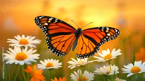 Monarch butterfly on daisies, vibrant sunset background, nature beauty, colorful scene, butterflies and flowers