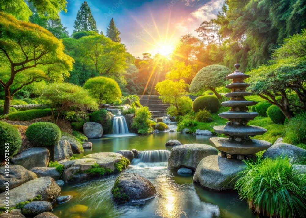 Serene panoramic zen garden: flowing water, vibrant greenery, balanced stones, embodying tranquility and harmony. Serene panoramic zen garden: flowing water, vibrant greenery, balanced stones, embodying tranquility and harmony.