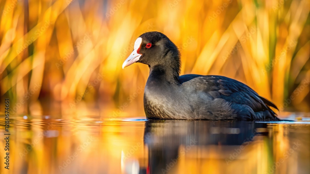 Fototapeta premium Fashionable water bird: a black coot's elegant pose in natural reed setting.