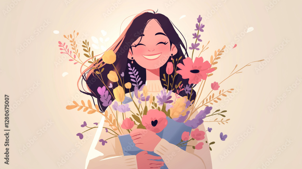 A joyful woman holding a bouquet of flowers, symbolizing love, happiness, and femininity. AI Generated Images.
A joyful woman holding a bouquet of flowers, symbolizing love, happiness, and femininity. AI Generated Images.
