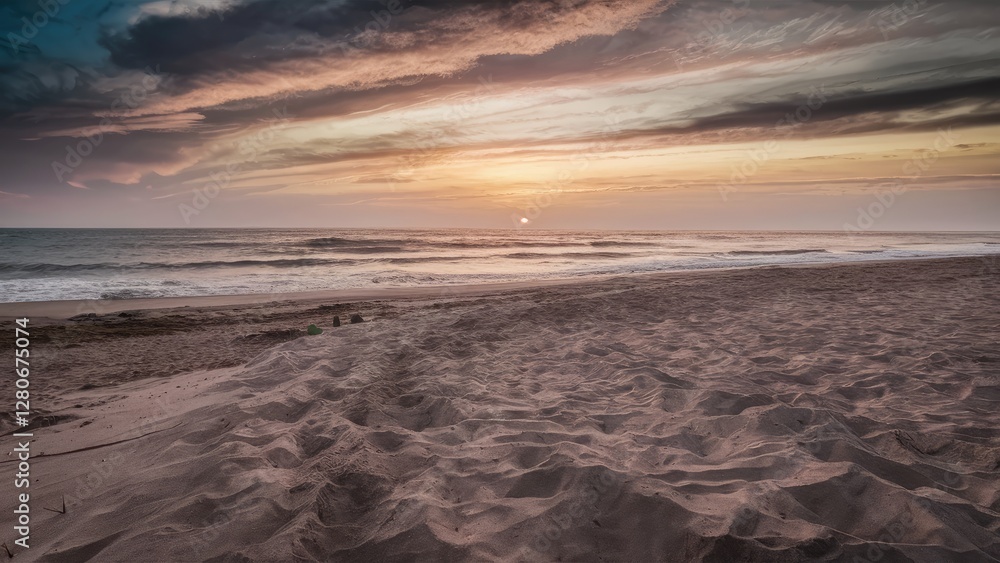 Fototapeta premium Tranquil beach at sunset with soft sand in the foreground and calm sea under a colorful sky, horizon blending with vibrant clouds.