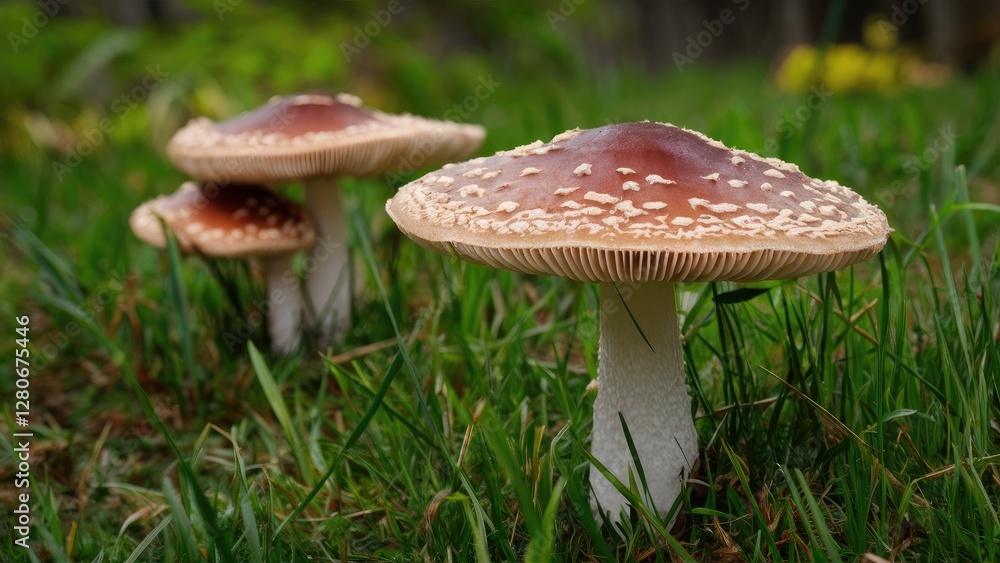 Vibrant brown and white mushrooms on lush green grass in a serene nature setting showcasing the beauty of fungi in their natural habitat. Vibrant brown and white mushrooms on lush green grass in a serene nature setting showcasing the beauty of fungi in their natural habitat.