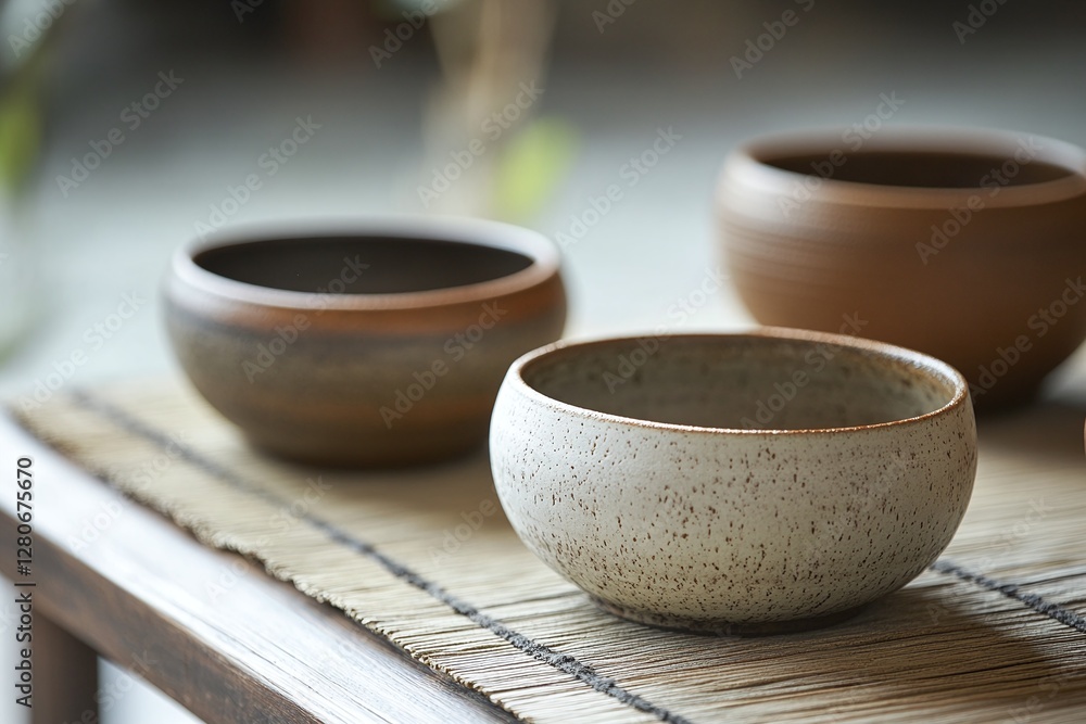 Closeup of Ceramic Bowls on Wooden Table with Rustic Textured Finish and Neutral Tones in Soft Light