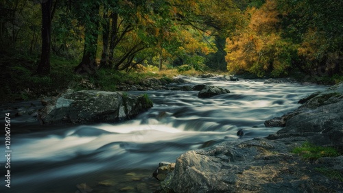 Long exposure river scene showcasing smooth flowing water amidst lush green trees and autumn foliage with rocks in the foreground under soft light
