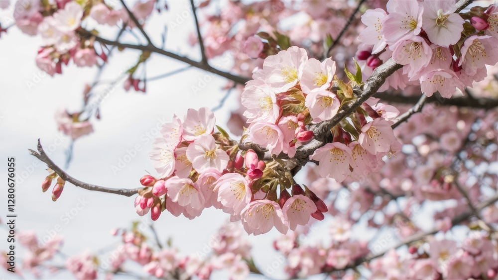Delicate pink sakura blossoms blooming on a branch with soft white background sunlight highlighting the petals and buds against clear sky Delicate pink sakura blossoms blooming on a branch with soft white background sunlight highlighting the petals and buds against clear sky