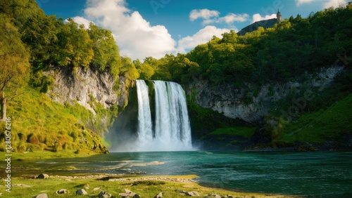 Majestic waterfall cascading into a turquoise river surrounded by lush green hills and a blue sky with fluffy white clouds in a European landscape