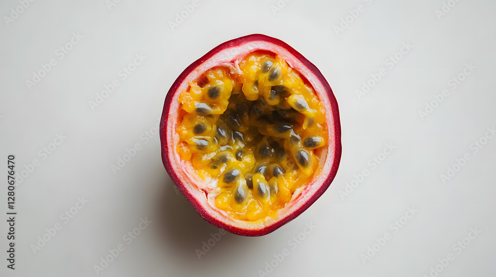 single passion fruit cut open to display its vibrant yellow pulp and seeds, set against plain background. fruit outer skin is deep red, contrasting with bright interior