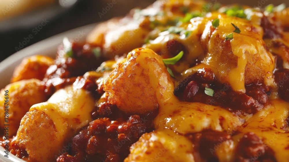 A delicious plated dish featuring golden tater tots topped with rich chili and melted cheese, garnished with fresh herbs. A delicious plated dish featuring golden tater tots topped with rich chili and melted cheese, garnished with fresh herbs.