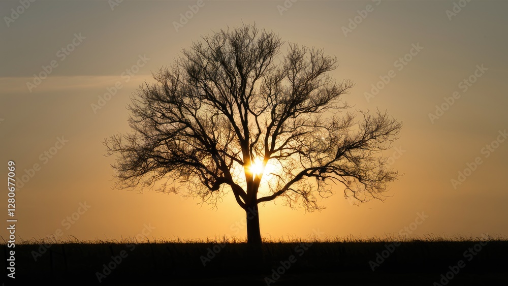 Fototapeta premium Silhouette of a barren tree against a sunset sky with warm orange and yellow hues creating a dramatic contrast in the background.