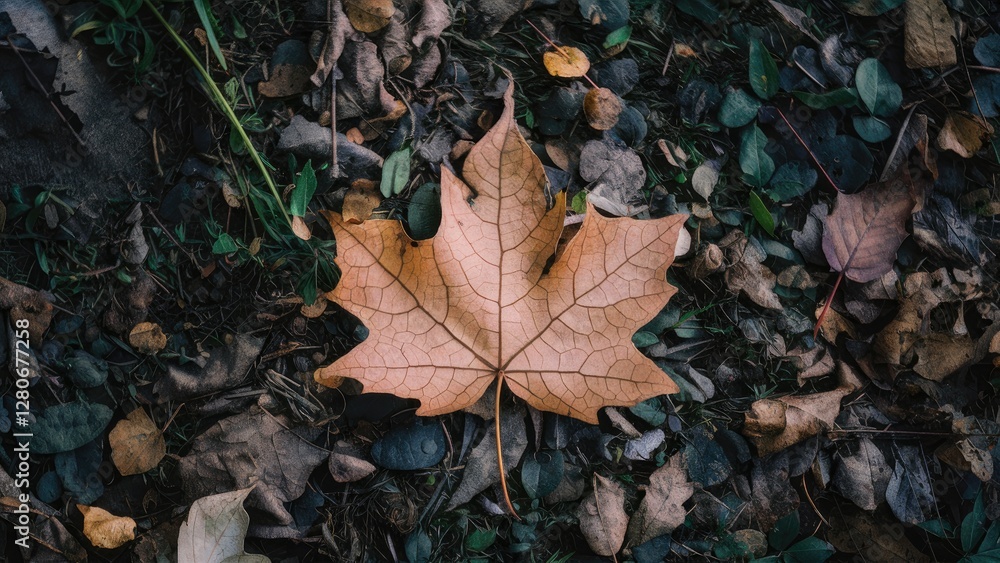 Autumn leaf resting on dark soil surrounded by varied brown leaves and small green plants highlighting seasonal change and natural textures. Autumn leaf resting on dark soil surrounded by varied brown leaves and small green plants highlighting seasonal change and natural textures.