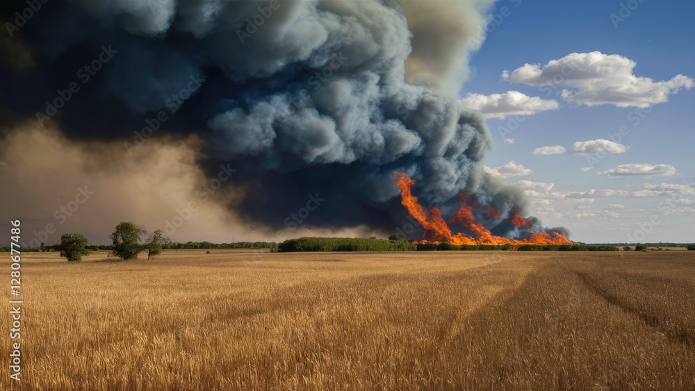Fototapeta premium Dramatic wildfire smoke billows across a golden wheat field under a blue sky with scattered clouds showcasing vibrant orange flames in the distance.