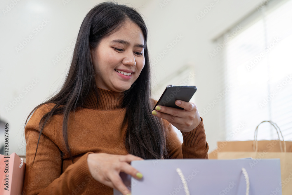 Young woman smiling while checking her online shopping on her phone. Young woman smiling while checking her online shopping on her phone.