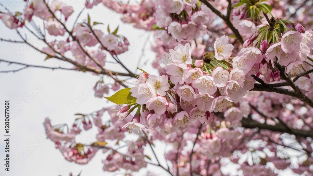 Delicate pink sakura blossoms cluster on a slender branch with vibrant green leaves against a soft white background creating a serene spring atmosphere Delicate pink sakura blossoms cluster on a slender branch with vibrant green leaves against a soft white background creating a serene spring atmosphere