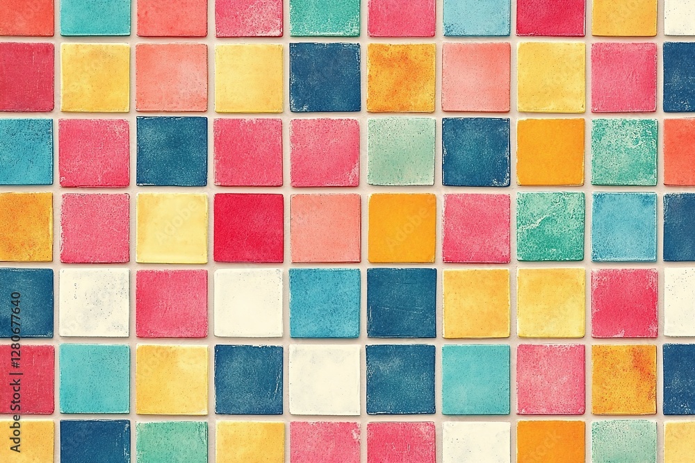 Vibrant Multicolored Square Tile Pattern with Rustic Textured Background for Decorative Designs Vibrant Multicolored Square Tile Pattern with Rustic Textured Background for Decorative Designs