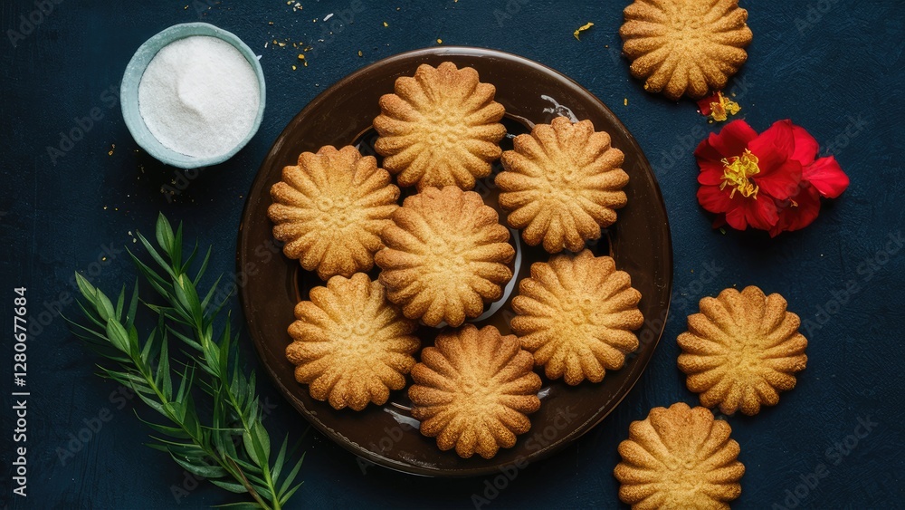 Traditional Kuih Raya cookies on a dark blue background, arranged artistically on a round brown plate, with palm leaves and red flowers accentuating the scene. Traditional Kuih Raya cookies on a dark blue background, arranged artistically on a round brown plate, with palm leaves and red flowers accentuating the scene.