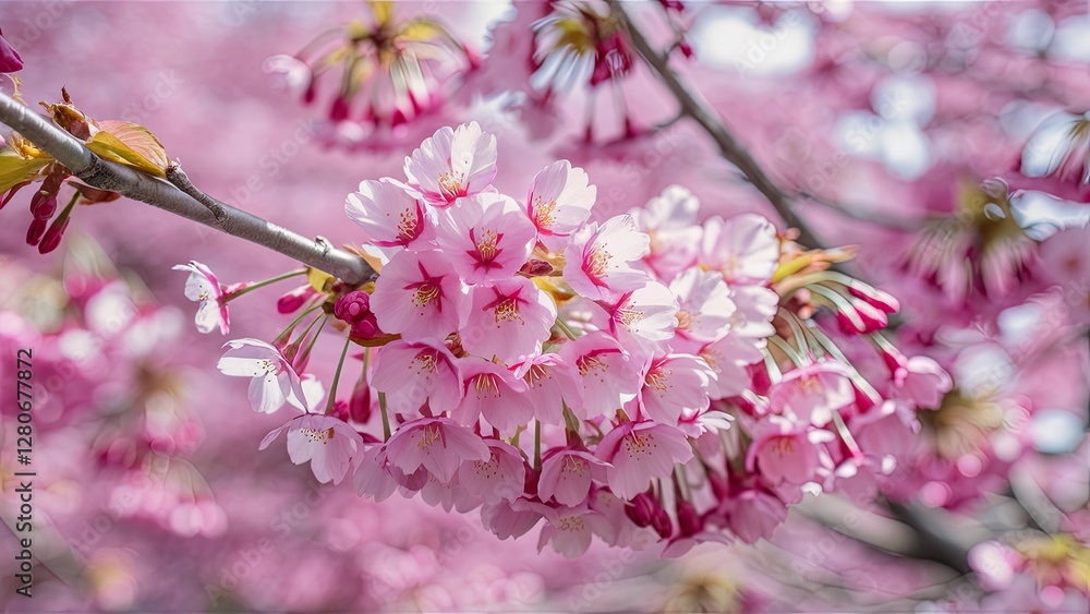 Closeup of soft pink cherry blossoms in full bloom against a blurred pink background with vibrant green leaves highlighting the delicate flowers Closeup of soft pink cherry blossoms in full bloom against a blurred pink background with vibrant green leaves highlighting the delicate flowers