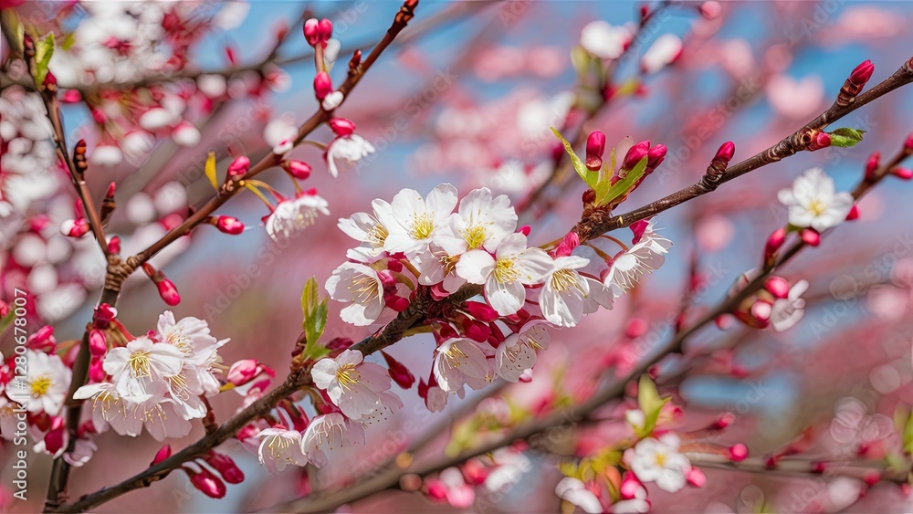 Blossoming cherry blossom twigs with delicate white flowers and vibrant pink buds against a bright blue sky in a serene spring setting. Blossoming cherry blossom twigs with delicate white flowers and vibrant pink buds against a bright blue sky in a serene spring setting.