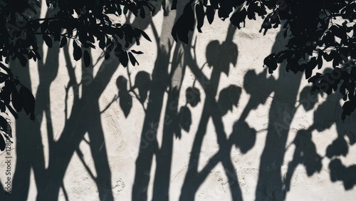 Shadows of tree branches and leaves cast on a textured white wall creating intricate patterns in soft light during the daytime, predominantly black and white. photo