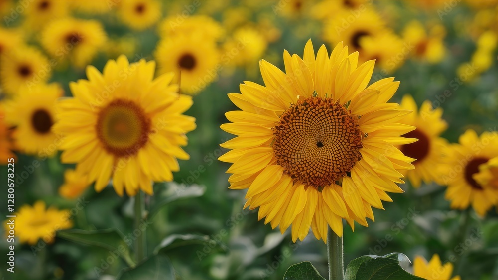 Vibrant sunflower field with bright yellow blooms in focus surrounded by a sea of yellow flowers under clear blue sky in the background Vibrant sunflower field with bright yellow blooms in focus surrounded by a sea of yellow flowers under clear blue sky in the background
