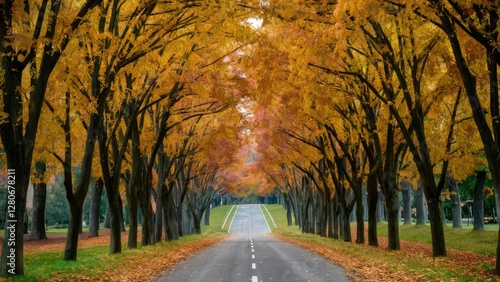 Scenic autumn pathway surrounded by vibrant orange and yellow trees with a clear road going into the distance under a blue sky photo