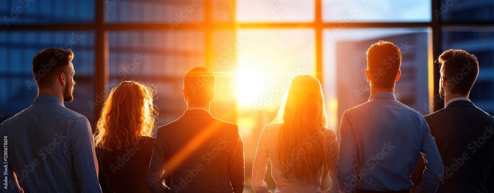 A group of people stands together, silhouetted against a bright sunset, symbolizing unity and new beginnings. A group of people stands together, silhouetted against a bright sunset, symbolizing unity and new beginnings.