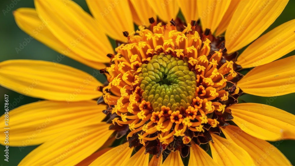 Close-up view of a vibrant yellow flower with a green center and intricate details, set against a soft blurred green background. Close-up view of a vibrant yellow flower with a green center and intricate details, set against a soft blurred green background.