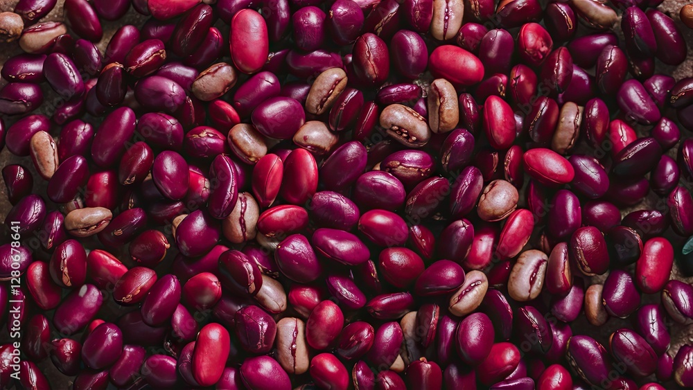 Vibrant collection of red kidney beans in various shades of maroon and burgundy scattered evenly across a textured surface highlighted by soft lighting. Vibrant collection of red kidney beans in various shades of maroon and burgundy scattered evenly across a textured surface highlighted by soft lighting.