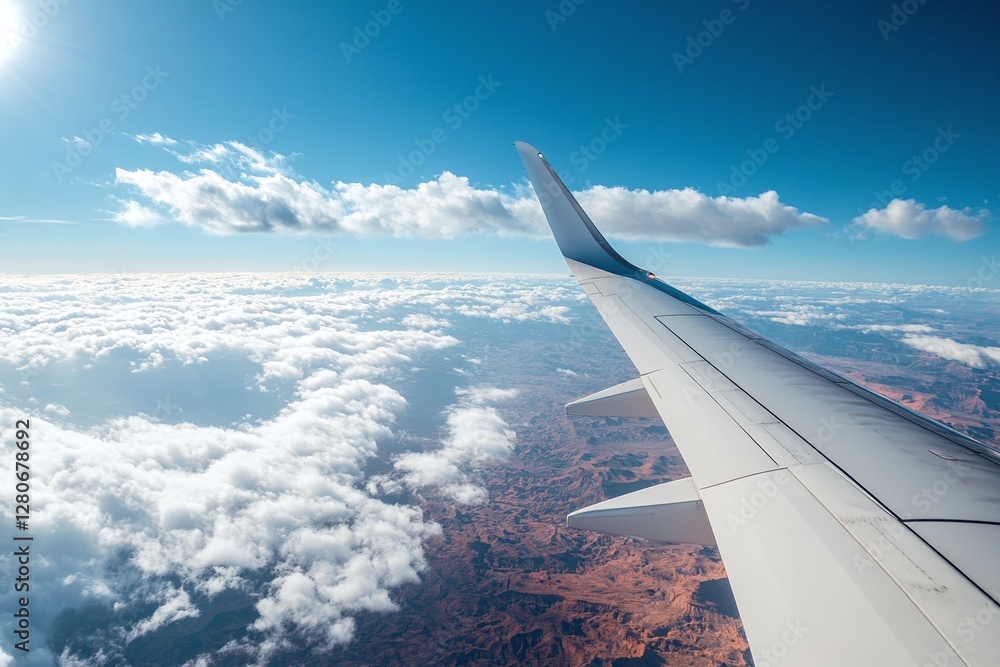 Obraz premium Airplane Wing View with Blue Sky Scenic Landscape and Fluffy Clouds from a Flight Above Earth