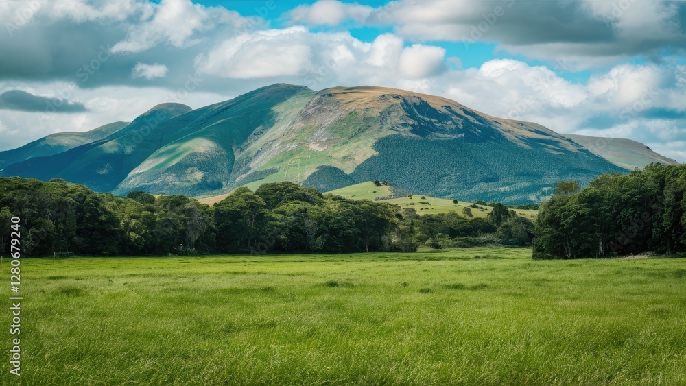 Lush green meadow with vibrant grass in foreground, majestic hills in background under a blue sky with fluffy clouds. Scenic natural landscape. Lush green meadow with vibrant grass in foreground, majestic hills in background under a blue sky with fluffy clouds. Scenic natural landscape.