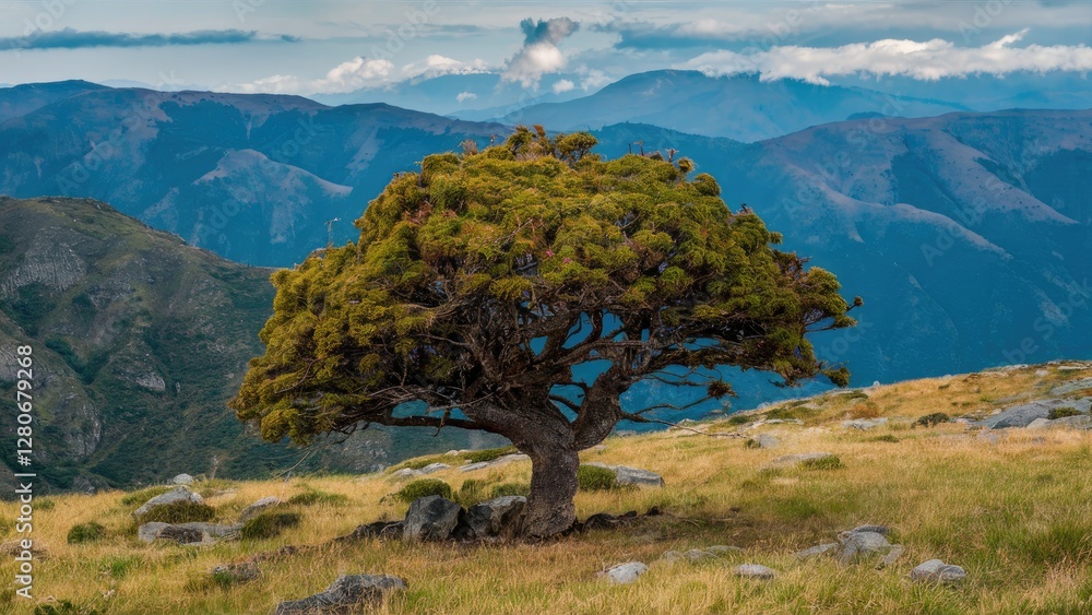 Obraz premium Lone treeshaped plant with lush green foliage in foreground against mountainous backdrop under a cloudy sky showcasing natural beauty and resilience