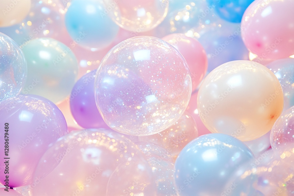 Transparent Glittering Pastel Balloons in Soft Pink and Blue Light on Blurred Background for Celebrations Transparent Glittering Pastel Balloons in Soft Pink and Blue Light on Blurred Background for Celebrations