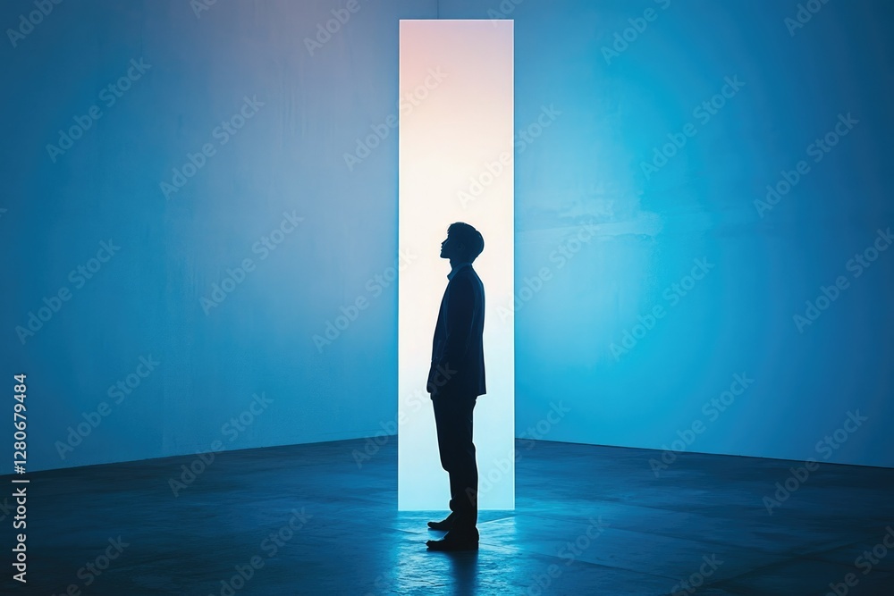 Obraz premium Silhouette of a man standing before a luminous gateway, symbolizing opportunity and new beginnings.