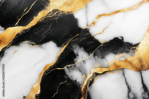 luxurious marble texture with dramatic black and white veining interwoven with metallic gold streaks, polished to high gloss