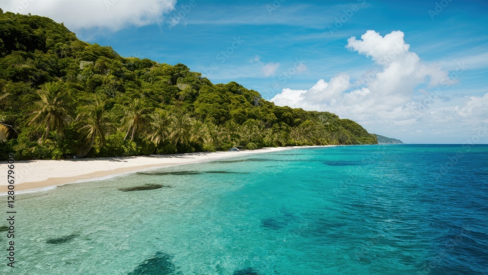 Fototapeta premium Serene tropical shoreline with clear turquoise waters and lush green hills under a bright blue sky dotted with white clouds.