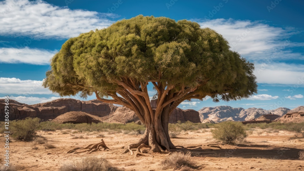 Lone vibrant green tree with wide canopy in arid desert landscape against blue sky and rocky hills highlighting nature's resilience and beauty Lone vibrant green tree with wide canopy in arid desert landscape against blue sky and rocky hills highlighting nature's resilience and beauty